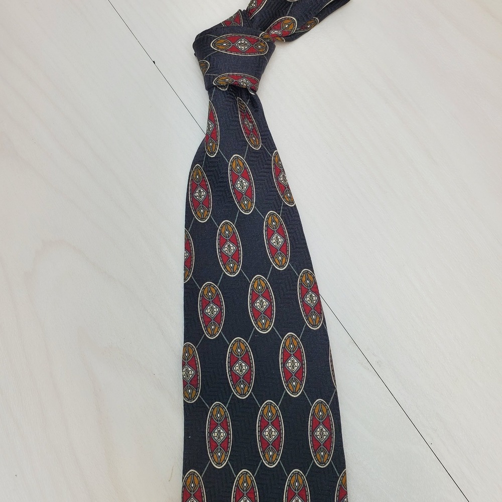 Mark Alexander Mens Silk Tie Navy Blue Red Gold Geometric Medallion Made in USA